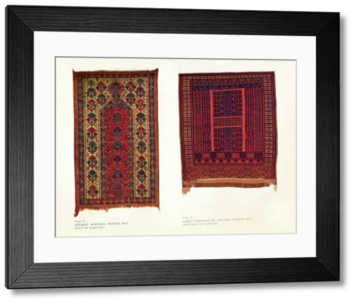 Framed Print : Antique Bokhara prayer rug and Sarik Turkoman or Punjdeh prayer rug, c1920 Framed Print : Antique Bokhara prayer rug and Sarik Turkoman or Punjdeh prayer rug, c1920