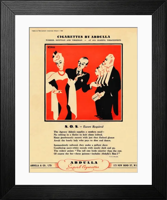 Framed Print : Cigarettes by Abdulla - S. O. S. - Escort Required, 1939
