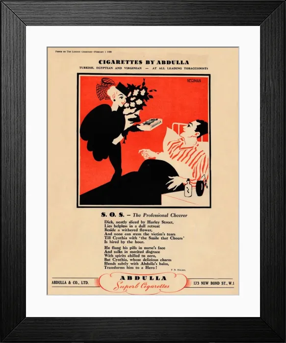 Framed Print : Cigarettes by Abdulla - S. O. S. - The Professional Cheerer, 1939 Framed Print : Cigarettes by Abdulla - S. O. S. - The Professional Cheerer, 1939