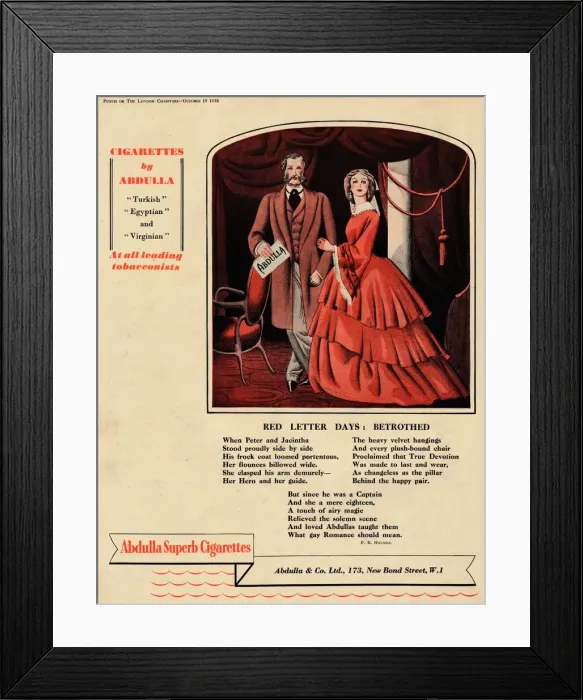 Framed Print : Cigarettes by Abdulla - Red Letter Days: Betrothed, 1938 Framed Print : Cigarettes by Abdulla - Red Letter Days: Betrothed, 1938