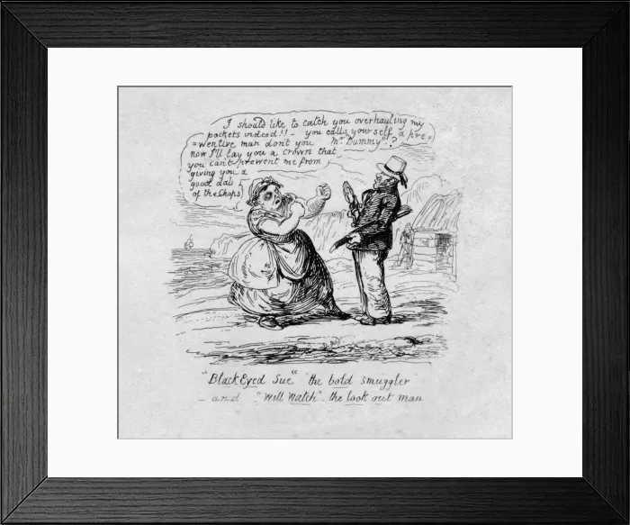 Framed Print : Black Eyed Sue the bold smuggler and Will Watch the look out man, 1829. Artist: George Cruikshank Framed Print : Black Eyed Sue the bold smuggler and Will Watch the look out man, 1829. Artist: George Cruikshank