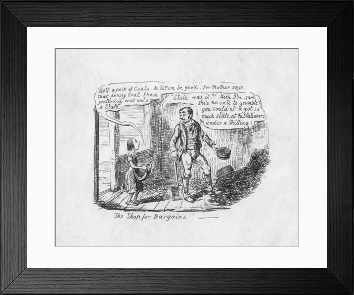 Framed Print : The Shop for Bargains, 1829. Artist: George Cruikshank Framed Print : The Shop for Bargains, 1829. Artist: George Cruikshank