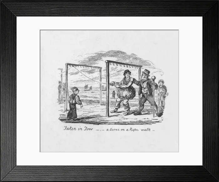 Framed Print : Taken in Tow - A Scene on a Rope walk, 1829. Artist: George Cruikshank Framed Print : Taken in Tow - A Scene on a Rope walk, 1829. Artist: George Cruikshank