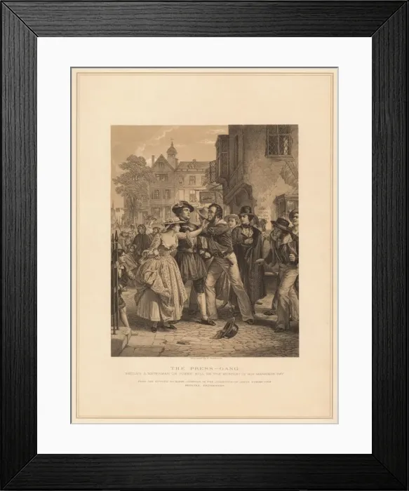 Framed Print : The Press-Gang: Seizing a Waterman on Tower Hill on the Morning of His Marriage, (1878). Artists: Alexander Johnston, Robert Anderson Framed Print : The Press-Gang: Seizing a Waterman on Tower Hill on the Morning of His Marriage, (1878). Artists: Alexander Johnston, Robert Anderson