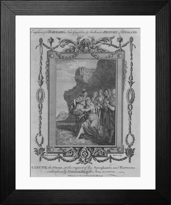 Framed Print : Canute the Great, at the request of his Sycophants and Flatterers, ridiculously Commanding the Sea Artist: John Hall Framed Print : Canute the Great, at the request of his Sycophants and Flatterers, ridiculously Commanding the Sea Artist: John Hall