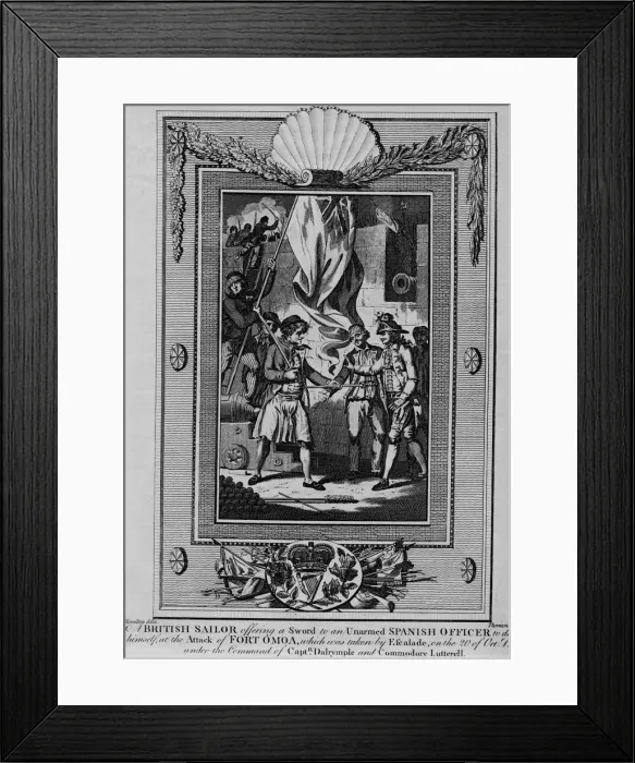 Framed Print : A British Sailor offering a Sword to an unarmed Spanish Officer to defend himself, at the Attack of Artist: William Thornton Framed Print : A British Sailor offering a Sword to an unarmed Spanish Officer to defend himself, at the Attack of Artist: William Thornton