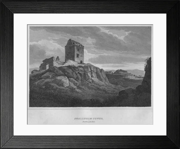 Framed Print : Smallholm Tower, Roxburghshire, 1814. Artist: John Greig Framed Print : Smallholm Tower, Roxburghshire, 1814. Artist: John Greig