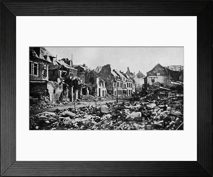 Framed Print : A Scene of Desolation. - A Street in Peronne, 1919. Artist: War Office Framed Print : A Scene of Desolation. - A Street in Peronne, 1919. Artist: War Office