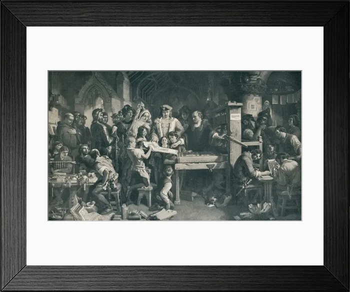 Framed Print : Caxton Showing the First Specimen of his Printing to King Edward IV, c1858, (1911). Artist: Daniel Maclise Framed Print : Caxton Showing the First Specimen of his Printing to King Edward IV, c1858, (1911). Artist: Daniel Maclise