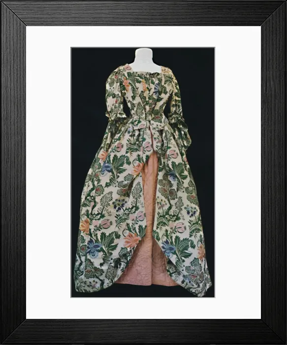 Framed Print : Dress of Spitalfields silk, with pink satin quilted petticoat. Second half of eighteenth century Framed Print : Dress of Spitalfields silk, with pink satin quilted petticoat. Second half of eighteenth century