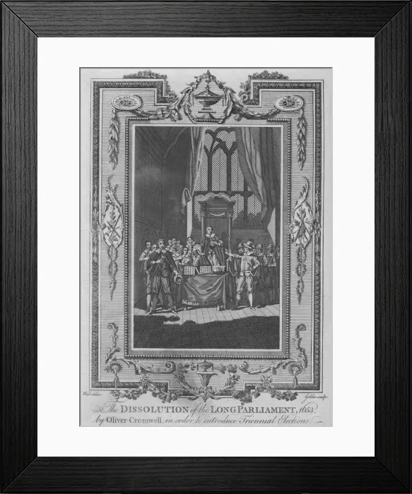 Framed Print : The Dissolution of the Long Parliament, 1653, by Oliver Cromwell, in order to intoduce Triennal Ele Artist: John Goldar Framed Print : The Dissolution of the Long Parliament, 1653, by Oliver Cromwell, in order to intoduce Triennal Ele Artist: John Goldar