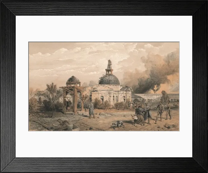 Framed Print : Church in the Rear of the Redan, Looking North - Showing the Effects of Shot and Shell, 1856. Artist: W Trask Framed Print : Church in the Rear of the Redan, Looking North - Showing the Effects of Shot and Shell, 1856. Artist: W Trask