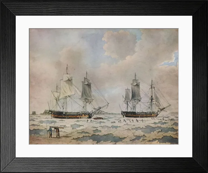 Framed Print : The ships of Lord Mulgraves expedition of discovery embedded in ice in the Polar Regions, 1774. Artist: John Cleveley the Younger