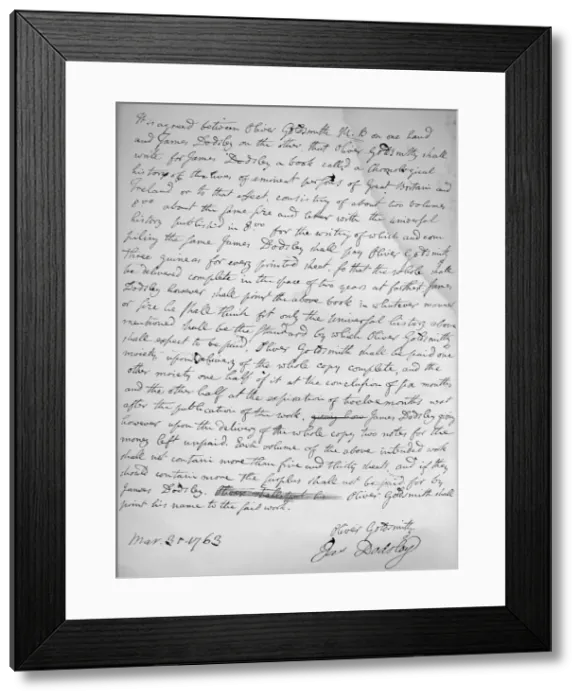 Framed Print : Agreement by Oliver Goldsmith to write for James Dodsley, 31st March 1763. 1899. Artist: Oliver Goldsmith Framed Print : Agreement by Oliver Goldsmith to write for James Dodsley, 31st March 1763. 1899. Artist: Oliver Goldsmith