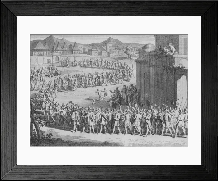 Framed Print : L Yncas vient recevoir les Orfrandes que ses Sujets font au Soleil, c1723 Framed Print : L Yncas vient recevoir les Orfrandes que ses Sujets font au Soleil, c1723