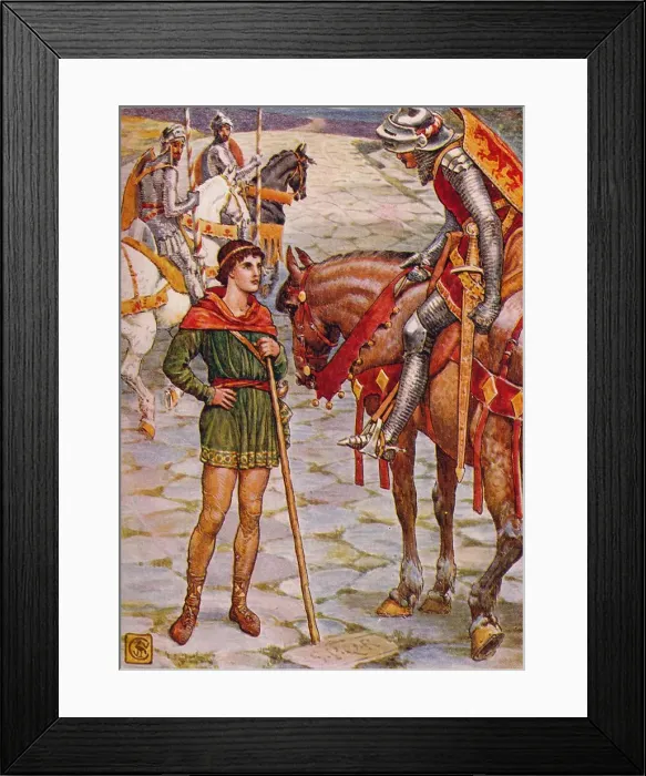 Framed Print : Young Percival Questions Sir Owen, 1911. Artist: Walter Crane Framed Print : Young Percival Questions Sir Owen, 1911. Artist: Walter Crane