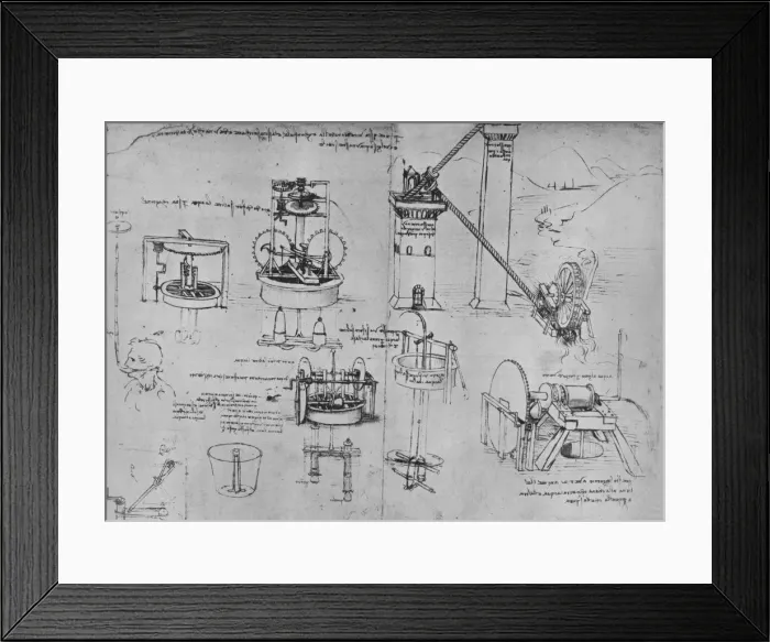 Framed Print : Studies of Suction Pumps, Archimedes Tubes, Etc. c1480 (1945). Artist: Leonardo da Vinci Framed Print : Studies of Suction Pumps, Archimedes Tubes, Etc. c1480 (1945). Artist: Leonardo da Vinci