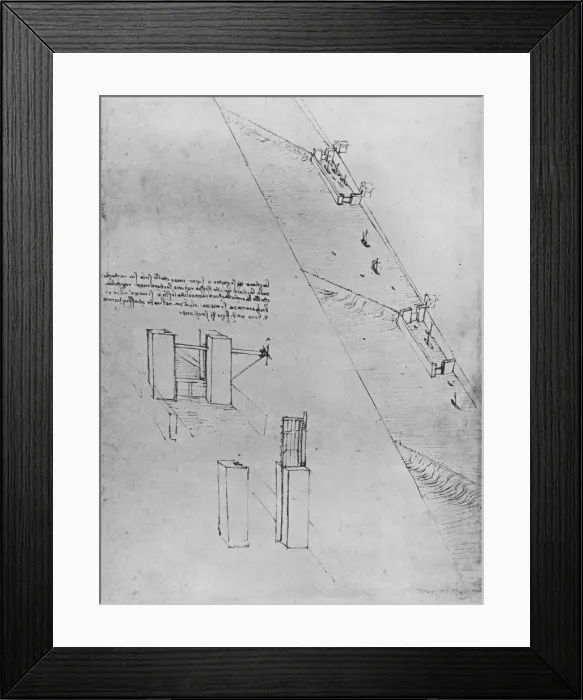 Framed Print : A Canal with Locks and Weirs, c1480 (1945). Artist: Leonardo da Vinci Framed Print : A Canal with Locks and Weirs, c1480 (1945). Artist: Leonardo da Vinci