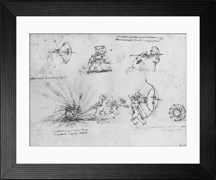 Framed Print : Studies of Shields for Protecting Foot Soldiers and of a Bomb exploding, c1480 (1945). Artist: Leonardo da Vinci Framed Print : Studies of Shields for Protecting Foot Soldiers and of a Bomb exploding, c1480 (1945). Artist: Leonardo da Vinci