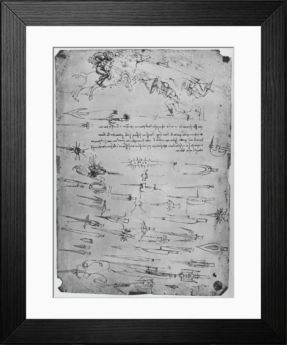 Framed Print : Studies of Foot-Soldiers Attacking Horsemen with Lances to Which Shields, c1480, (1945) Artist: Leonardo da Vinci Framed Print : Studies of Foot-Soldiers Attacking Horsemen with Lances to Which Shields, c1480, (1945) Artist: Leonardo da Vinci