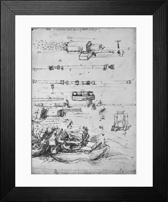 Framed Print : Studies of Mortars, One Firing from a Boat, and of Canon, c1480 (1945). Artist: Leonardo da Vinci Framed Print : Studies of Mortars, One Firing from a Boat, and of Canon, c1480 (1945). Artist: Leonardo da Vinci