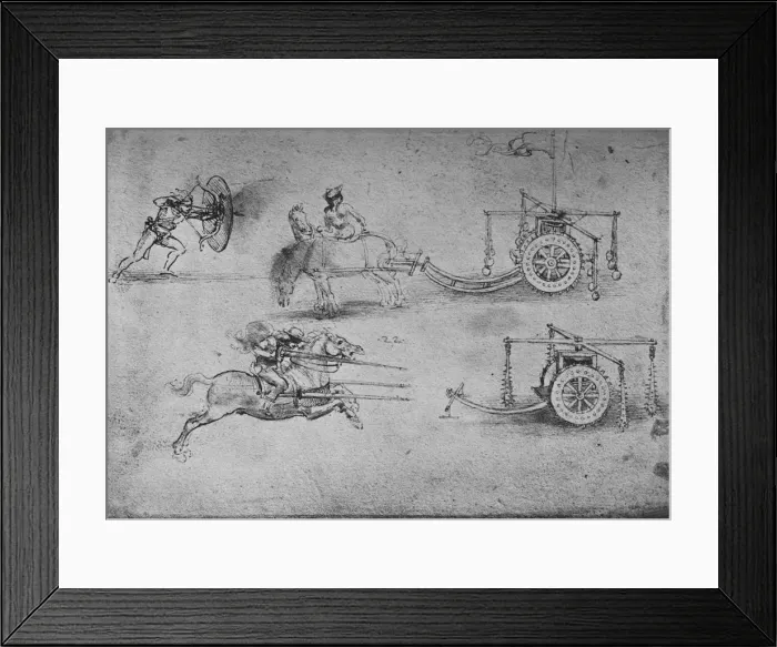 Framed Print : Drawings of Chariots Armed with Flails, of an Archer with a Shield, c1480, (1945). Artist: Leonardo da Vinci Framed Print : Drawings of Chariots Armed with Flails, of an Archer with a Shield, c1480, (1945). Artist: Leonardo da Vinci