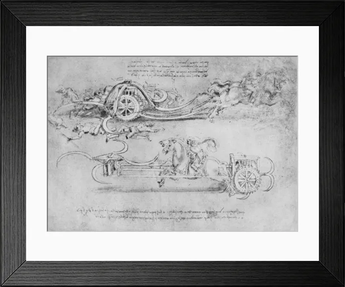 Framed Print : Drawings of Two Types of Chariot Armed with Scythes, c1480 (1945). Artist: Leonardo da Vinci Framed Print : Drawings of Two Types of Chariot Armed with Scythes, c1480 (1945). Artist: Leonardo da Vinci