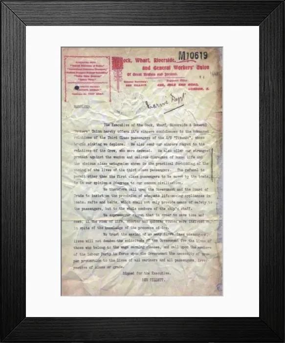 Framed Print : Titanic - Dock, Wharf, Riverside, and General Workers Union statement, 1912 Framed Print : Titanic - Dock, Wharf, Riverside, and General Workers Union statement, 1912