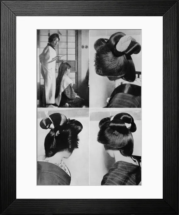 Framed Print : It takes two hours for a geishas hairstyle, the coiffure, lasts several days, c1900, (1921). Artist: Julian Leonard Street Framed Print : It takes two hours for a geishas hairstyle, the coiffure, lasts several days, c1900, (1921). Artist: Julian Leonard Street