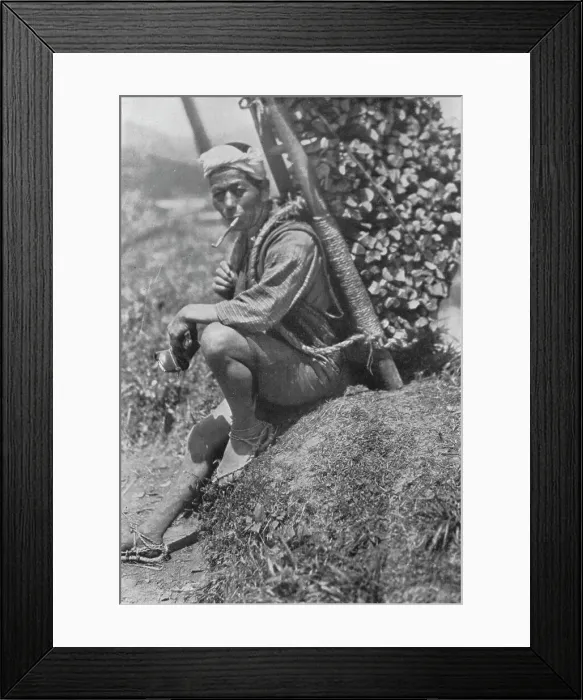 Framed Print : Middle-aged coolie hurriedly seated himself on the bank to pass us in review, c1900, (1921). Artist: Julian Leonard Street Framed Print : Middle-aged coolie hurriedly seated himself on the bank to pass us in review, c1900, (1921). Artist: Julian Leonard Street