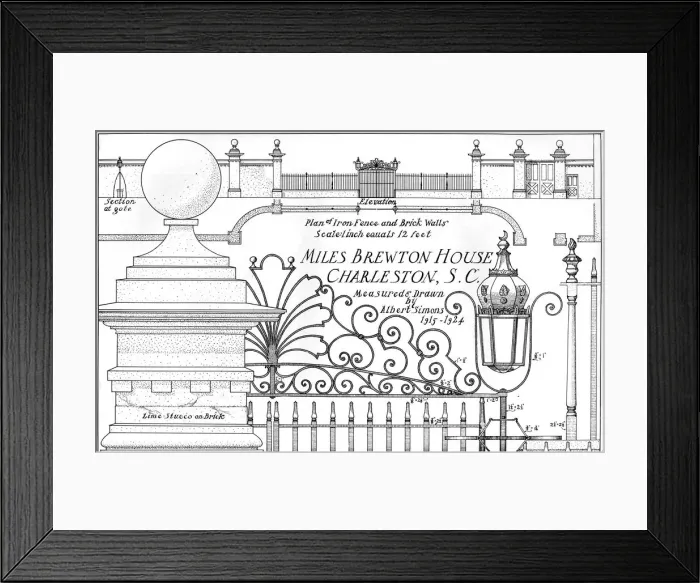 Framed Print : Plan of iron fence and brick walls, Miles Brewton House, Charleston, South Carolina, 1926. Artist: Albert Simons Framed Print : Plan of iron fence and brick walls, Miles Brewton House, Charleston, South Carolina, 1926. Artist: Albert Simons