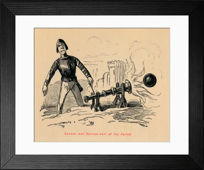 Framed Print : Cannon and Cannon-ball of the Period. Artist: John Leech Framed Print : Cannon and Cannon-ball of the Period. Artist: John Leech