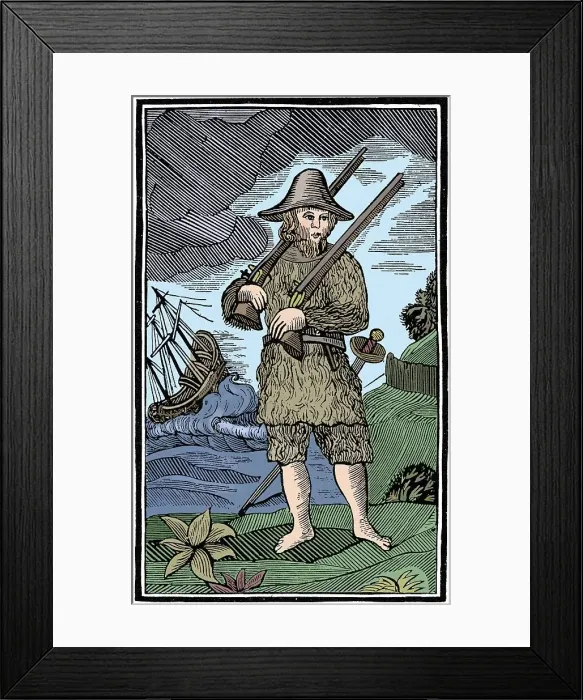 Framed Print : Robinson Crusoe, chapbook cut, 18th century (1964) Framed Print : Robinson Crusoe, chapbook cut, 18th century (1964)