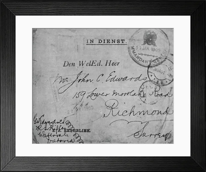 Framed Print : Envelope addressed by Colour-Sergeant Edwards, 2nd Royal Irish Rifles, 1900 Framed Print : Envelope addressed by Colour-Sergeant Edwards, 2nd Royal Irish Rifles, 1900