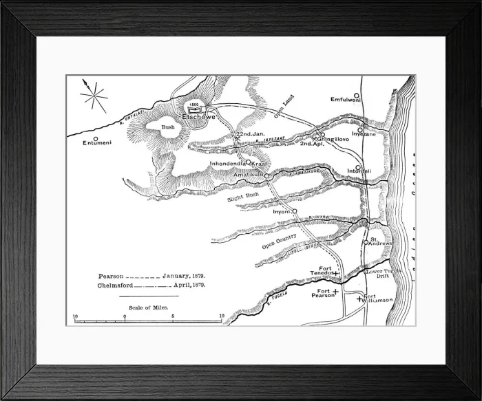 Framed Print : Plan of the Marches of Pearson (Jan. 1879) and of Chelmsford (April, 1879) to Etschowe, c1880 Framed Print : Plan of the Marches of Pearson (Jan. 1879) and of Chelmsford (April, 1879) to Etschowe, c1880