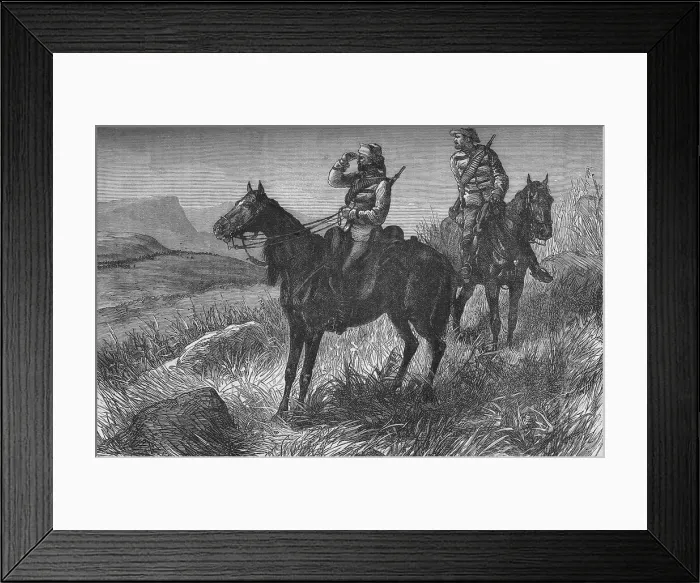 Framed Print : Frontier Light Horse, on Vedette Duty, Discovering Zulus near Woods Camp, on Kambula Hill, c1880 Framed Print : Frontier Light Horse, on Vedette Duty, Discovering Zulus near Woods Camp, on Kambula Hill, c1880