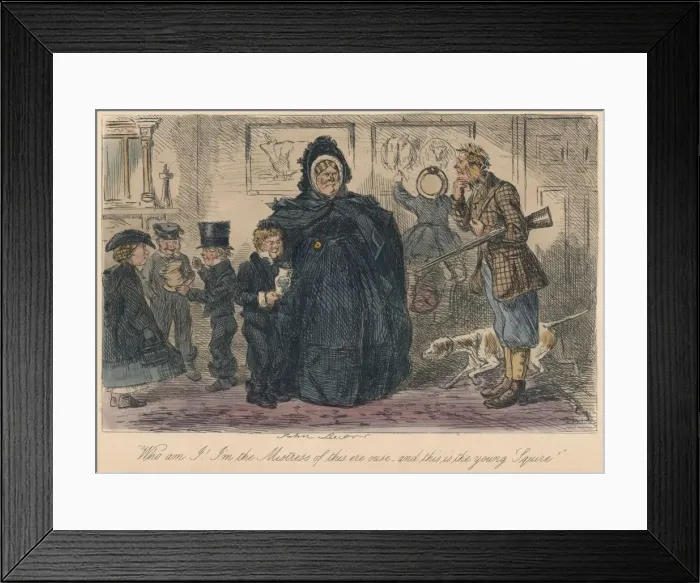 Framed Print : Who am I! I m the Mistress of this ere ouse, and this is the young Squire!, 1865. Artist: John Leech Framed Print : Who am I! I m the Mistress of this ere ouse, and this is the young Squire!, 1865. Artist: John Leech