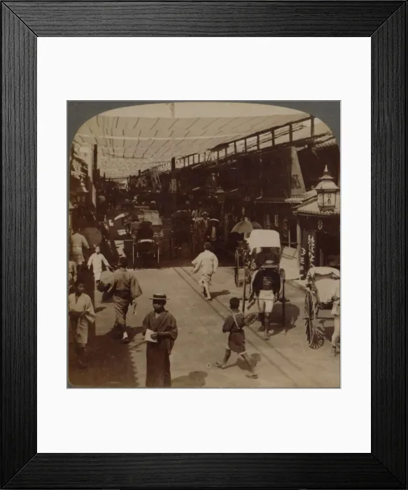 Framed Print : Mid-summer traffic under awnings of Shiro-bashidori, a busy thoroughfare of Kyoto, Japan, 1904 Framed Print : Mid-summer traffic under awnings of Shiro-bashidori, a busy thoroughfare of Kyoto, Japan, 1904