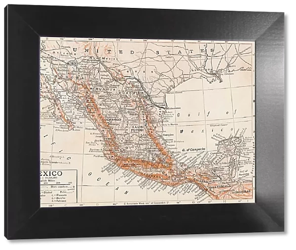 Mexico. Detailed and scaled map of Mexico with geographical features and place names