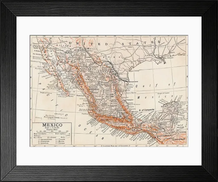 Framed Print : Mexico. Detailed and scaled map of Mexico with geographical features and place names
