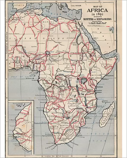 Map of Africa in 1891 showing Routes of Explorers