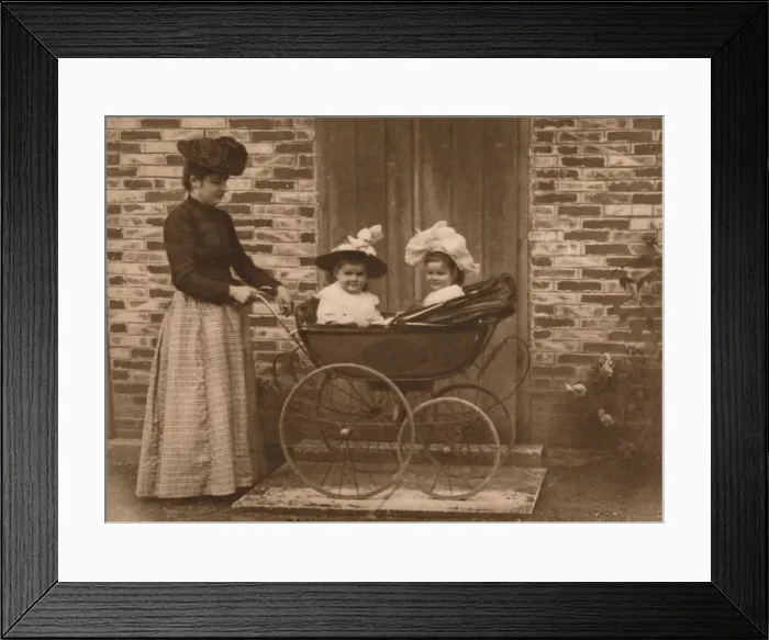 Framed Print : Woman and children in a pushchair, 1937 Framed Print : Woman and children in a pushchair, 1937