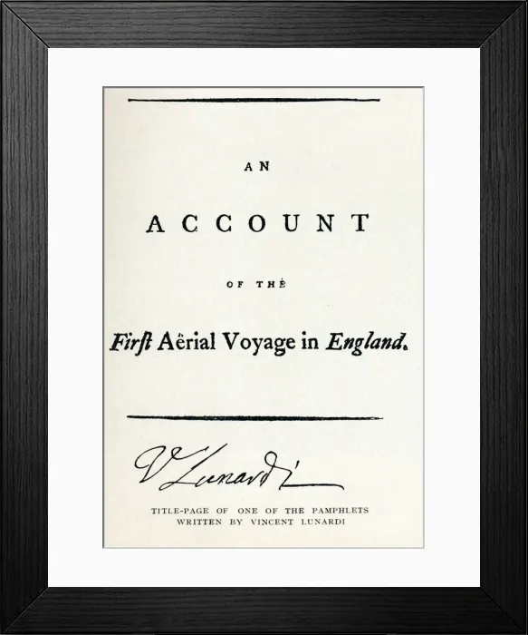 Framed Print : Title-Page of one of the Pamphlets written by Vincent Lunardi, 1786, (1910). Artist: Vincenzo Lunardi Framed Print : Title-Page of one of the Pamphlets written by Vincent Lunardi, 1786, (1910). Artist: Vincenzo Lunardi