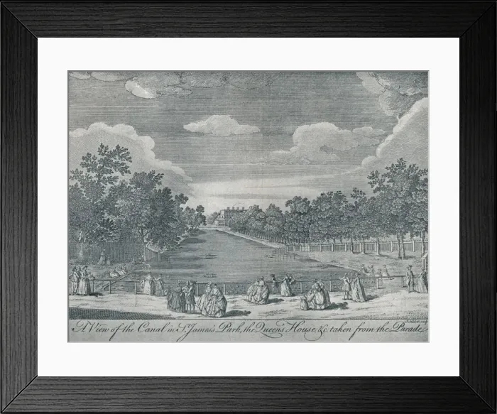 Framed Print : The Canal in St. Jamess Park with the Queens House taken from the Parade, 1794, (1910). Artists: Unknown, John Stevens Framed Print : The Canal in St. Jamess Park with the Queens House taken from the Parade, 1794, (1910). Artists: Unknown, John Stevens