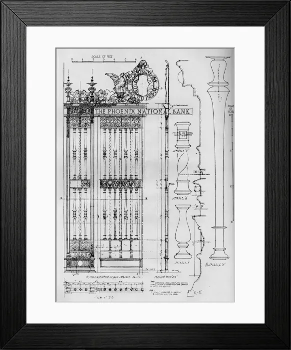 Framed Print : Detail drawing of the main entrance door grille, Phoenix National Bank, 1924 Framed Print : Detail drawing of the main entrance door grille, Phoenix National Bank, 1924