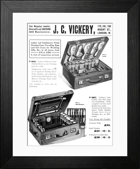 Framed Print : Their Majesties Jeweller, Silversmith and Dressing Case Manufacturer. - J. C. Vickery, 1909 Framed Print : Their Majesties Jeweller, Silversmith and Dressing Case Manufacturer. - J. C. Vickery, 1909