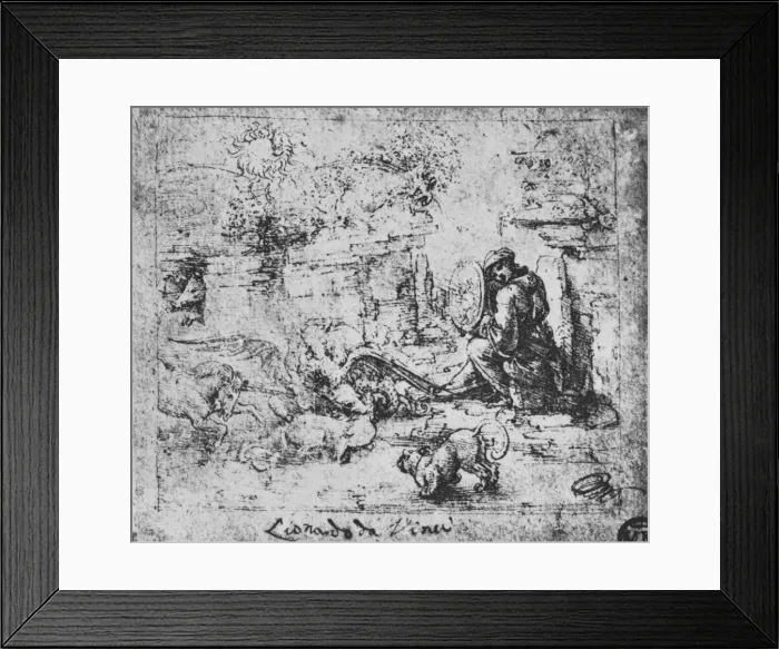 Framed Print : Allegory: Animals Fighting and a Man with a Burning-Glass, c1480 (1945). Artist: Leonardo da Vinci Framed Print : Allegory: Animals Fighting and a Man with a Burning-Glass, c1480 (1945). Artist: Leonardo da Vinci