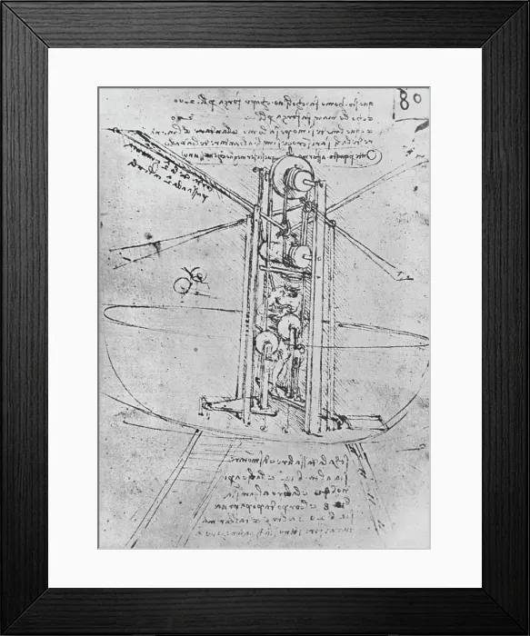 Framed Print : Drawing of a Flying Machine with a Man Operating It, c1480 (1945). Artist: Leonardo da Vinci Framed Print : Drawing of a Flying Machine with a Man Operating It, c1480 (1945). Artist: Leonardo da Vinci