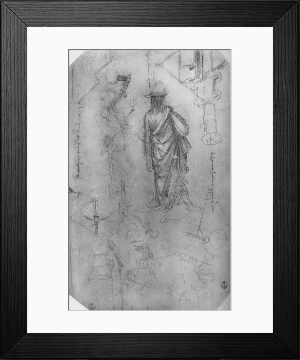 Framed Print : A Draped Figure, Studies of Machinery Etc. c1480 (1945). Artist: Leonardo da Vinci Framed Print : A Draped Figure, Studies of Machinery Etc. c1480 (1945). Artist: Leonardo da Vinci