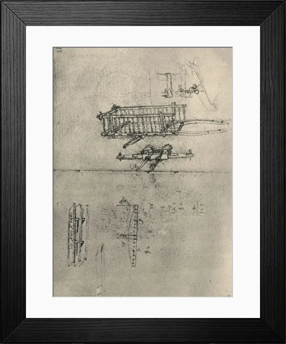 Framed Print : Studies of a Cart, Etc. c1480 (1945). Artist: Leonardo da Vinci Framed Print : Studies of a Cart, Etc. c1480 (1945). Artist: Leonardo da Vinci
